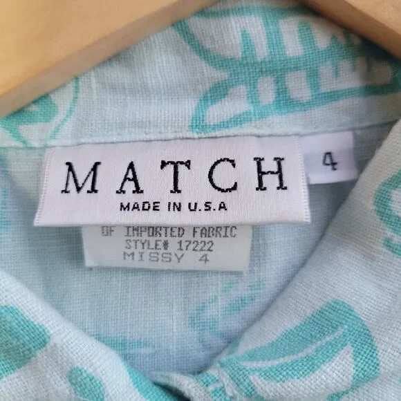 MATCH Vintage Blue Green Linen Shift Dress Size 4 Sleeveless Beach Fish Print - Picture 7 of 9